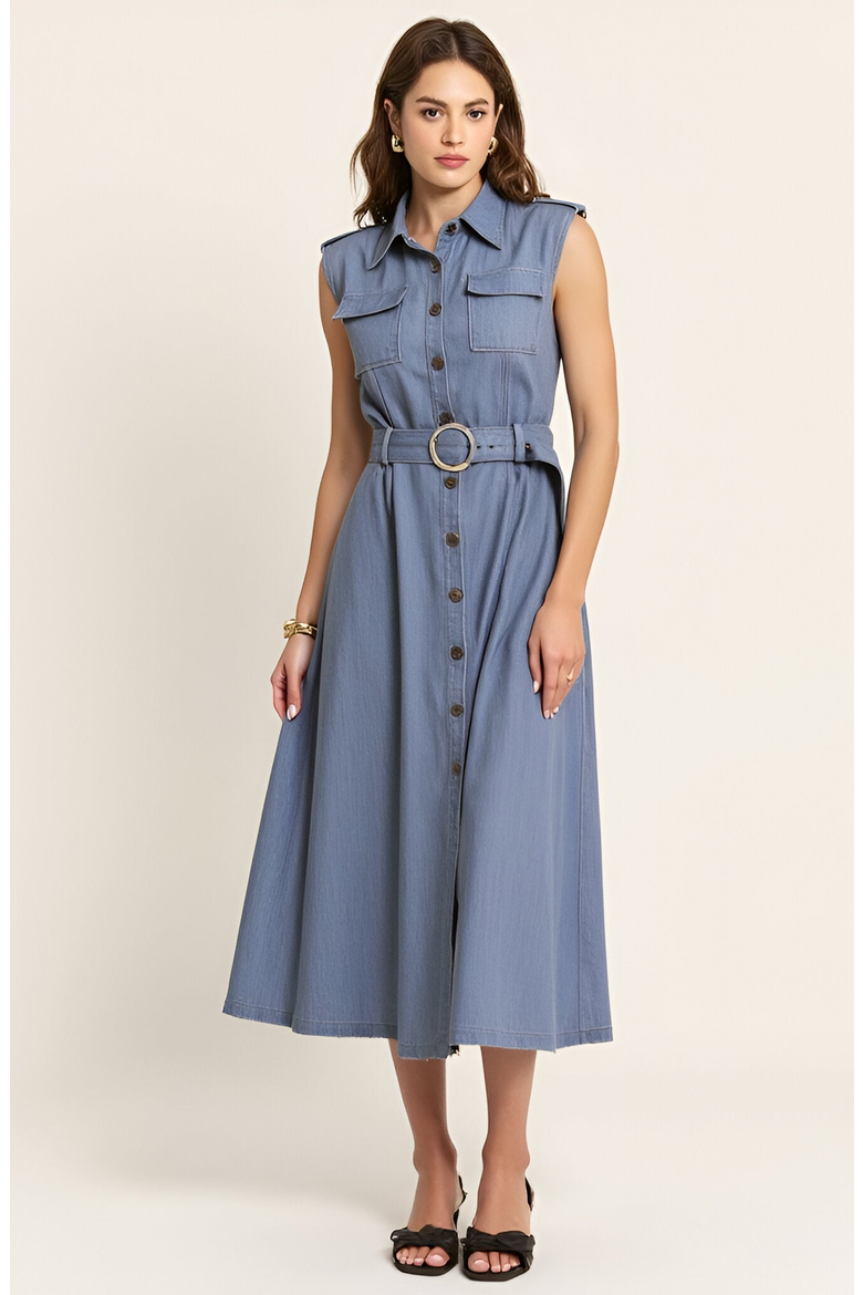 Belted A-Line Midi Dress with Shoulder Buttons and Pockets, Main, color, Blue