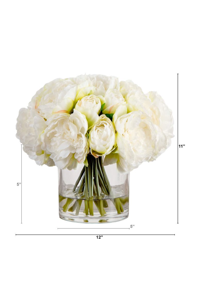 NEARLY NATURAL Wedding Collection 11-in Artificial Peony Arrangement in Glass Vase, Alternate, color, Green/White