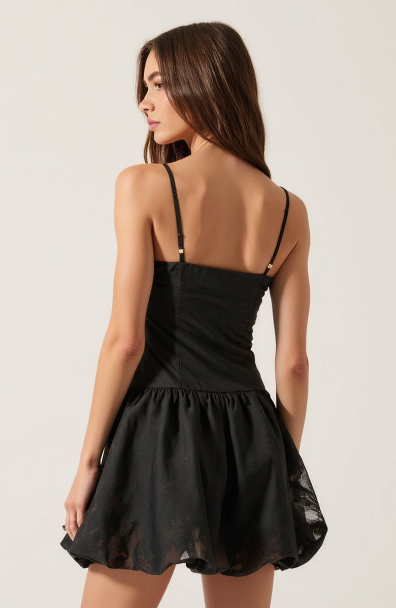 Modenaire Spaghetti Strap Bubble Mini Dress with Tie Front and Fitted Bodice, Alternate, color, Black