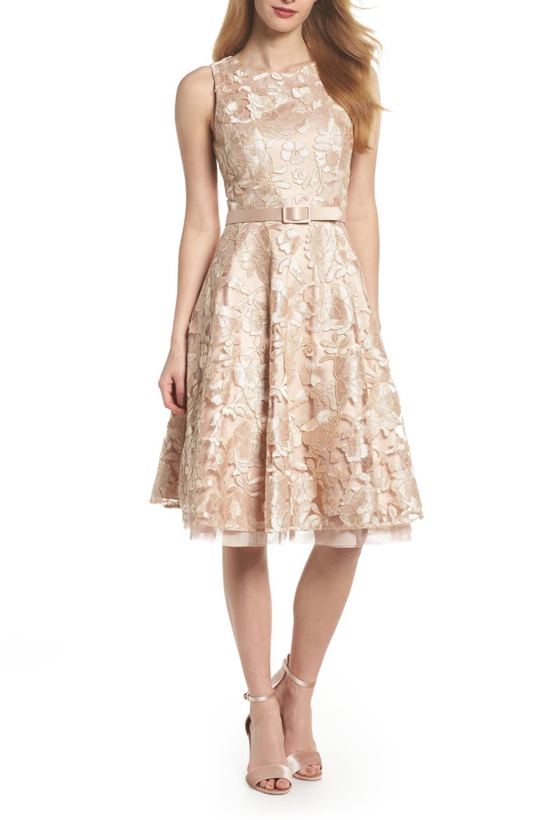 Belted Lace Fit & Flare Dress, Main, color, GOLD