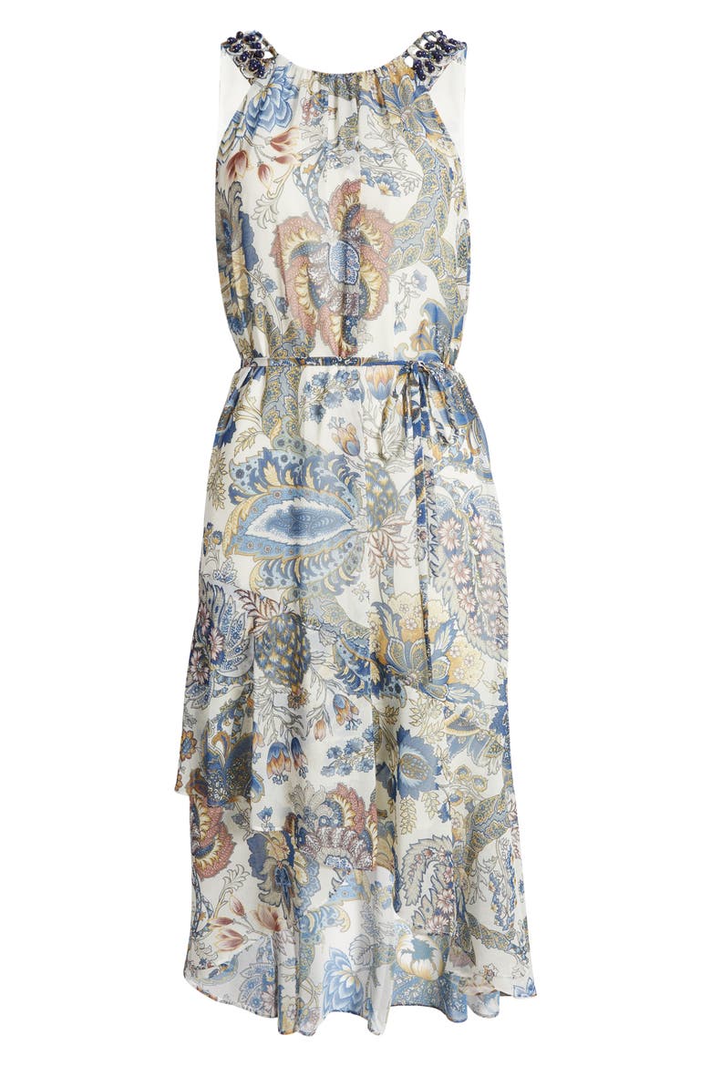 Allison Floral Beaded Belted High-Low Sleeveless Dress, Alternate, color, BLUE/ IVORY MULTI