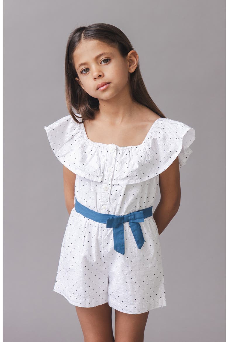 Kids' Organic Ruffle Collar Button Front Seersucker Romper, Alternate, color, Delft Dot Seersucker