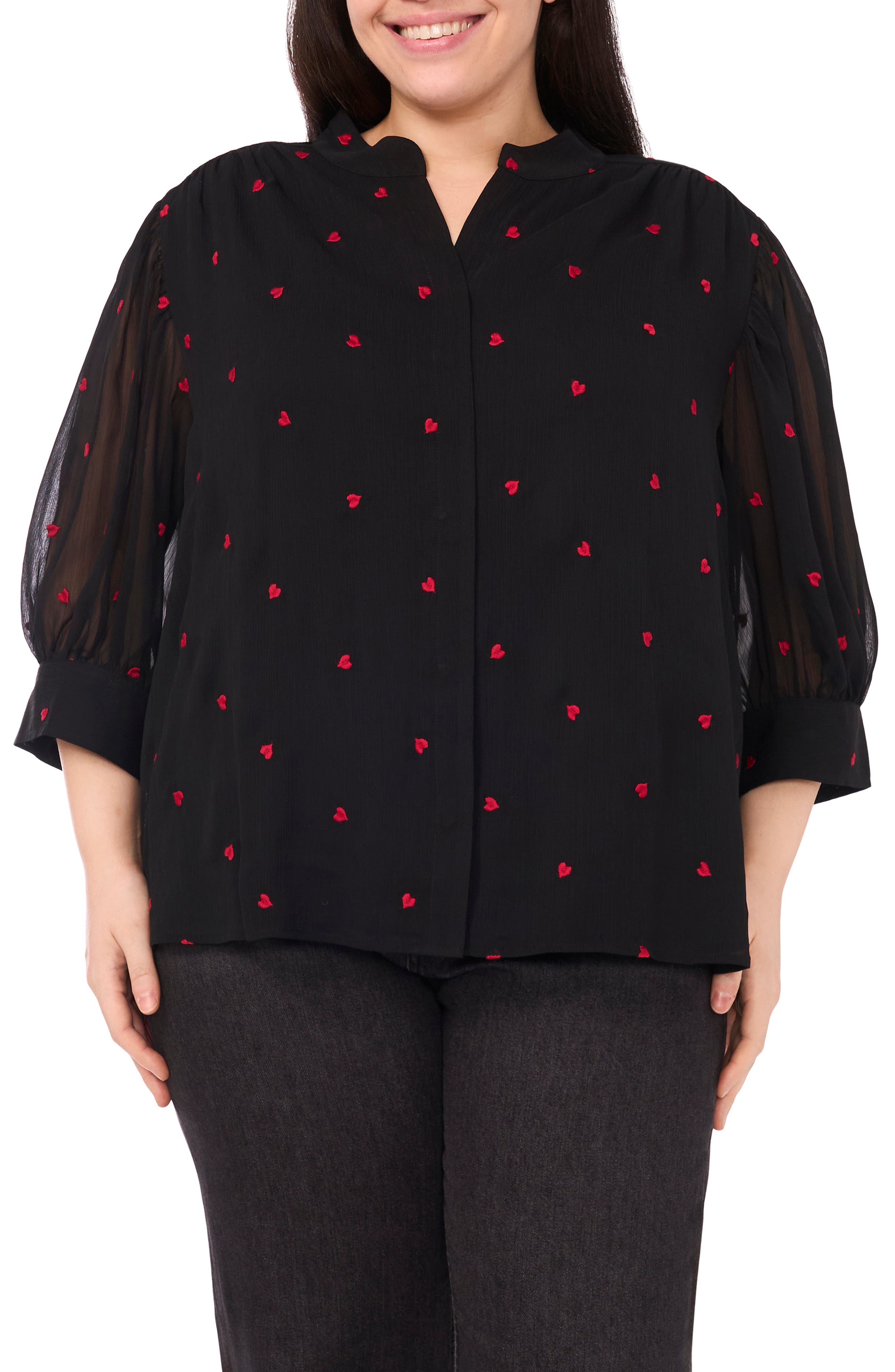 Heart Embroidered Button-Up Shirt