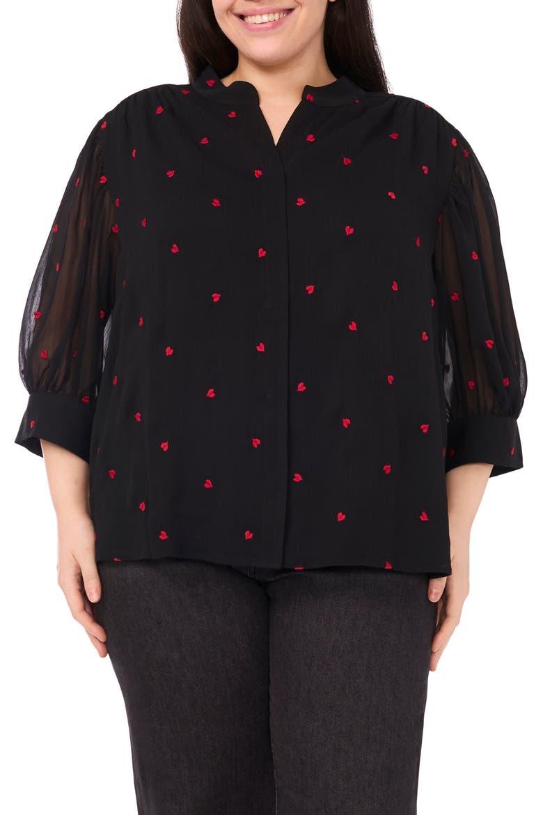 Heart Embroidered Button-Up Shirt, Main, color, RICH BLACK