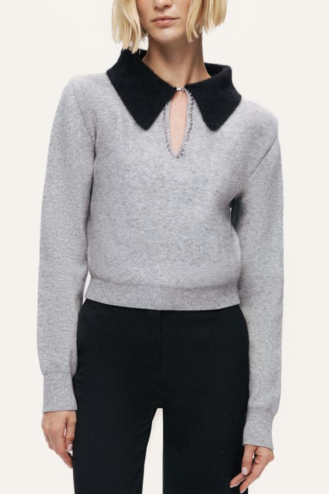 Contrast Collar Keyhole Knit Sweater