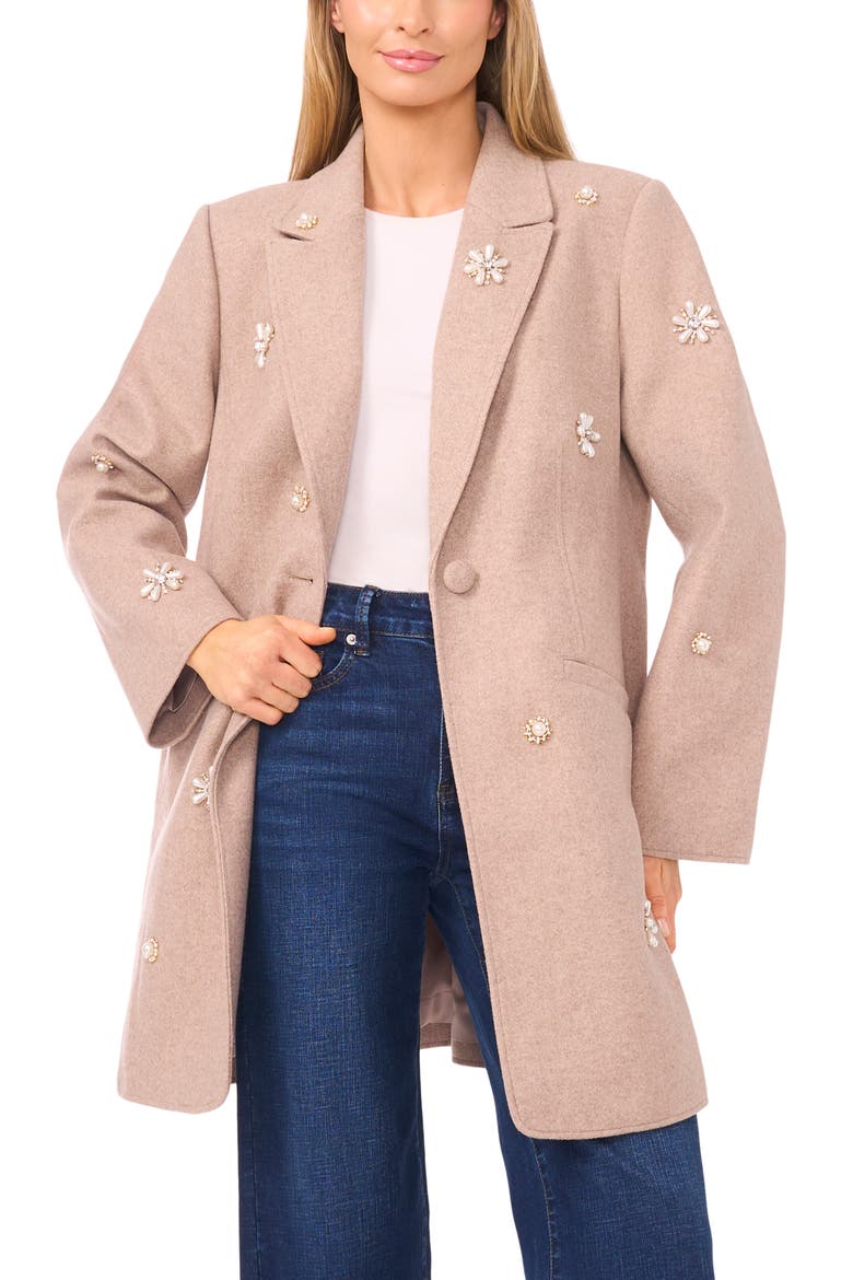 Faux Pearl & Rhinestone Detail Coat, Main, color, SAFARI