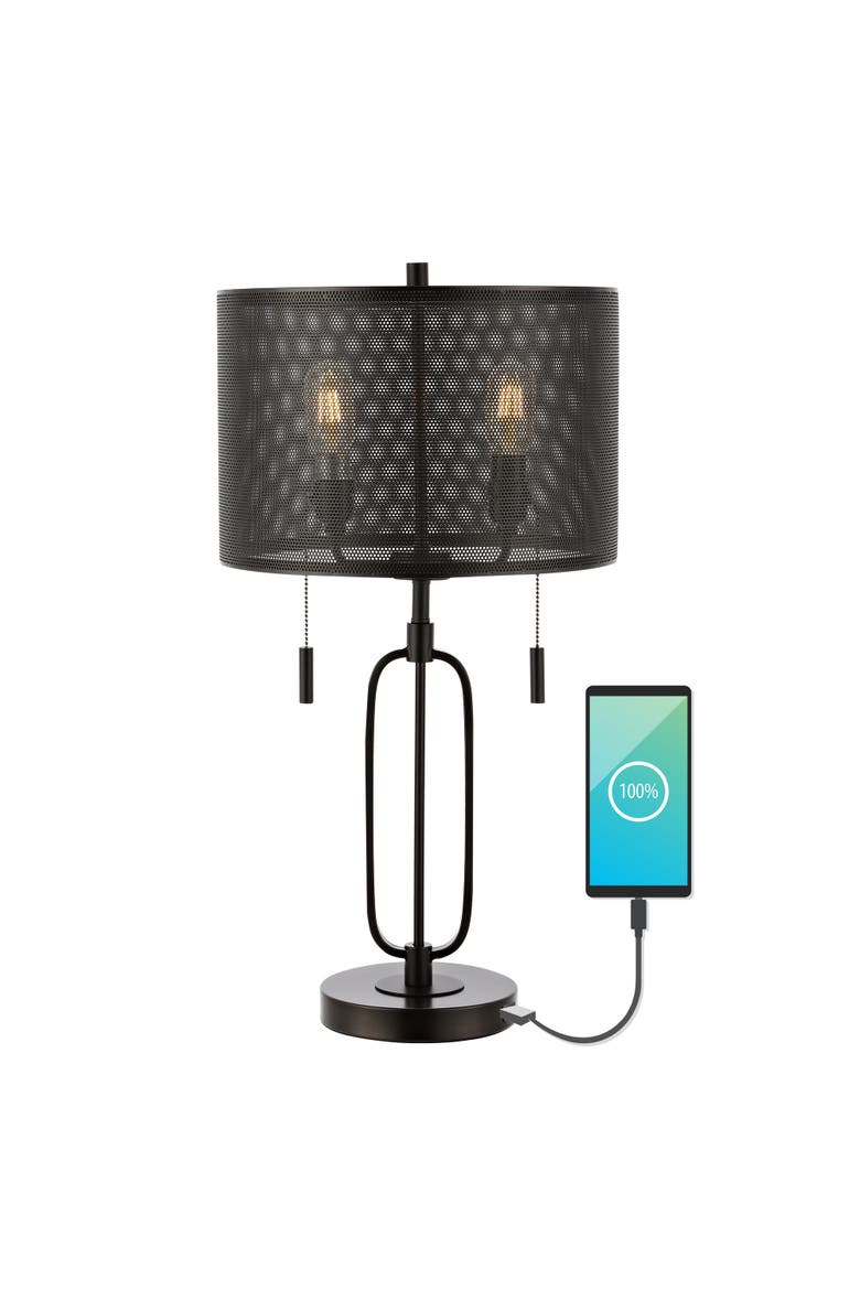 Hank 27" 2-Light Industrial Farmhouse Iron LED Table Lamp with USB Charging Port, Oil Rubbed Bronze, Main, color, Oil Rubbed Bronze