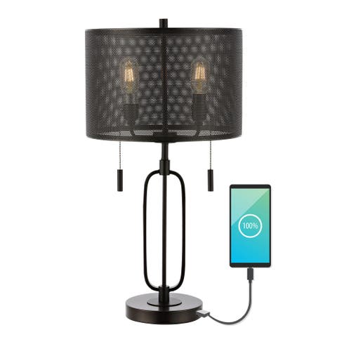 Hank 27" 2-Light Industrial Farmhouse Iron LED Table Lamp with USB Charging Port, Oil Rubbed Bronze