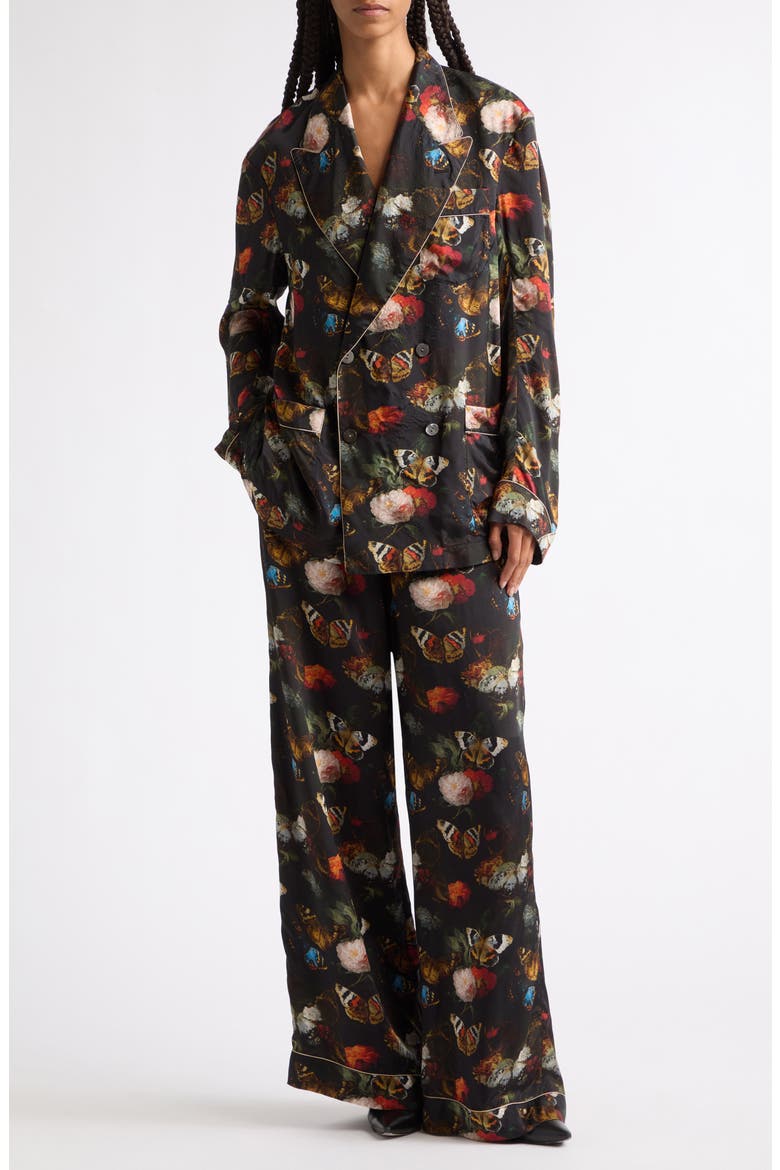 Ragged Peak Lapel Double Breasted Blazer, Alternate, color, BLACK RED FLORAL BUTTERFLY