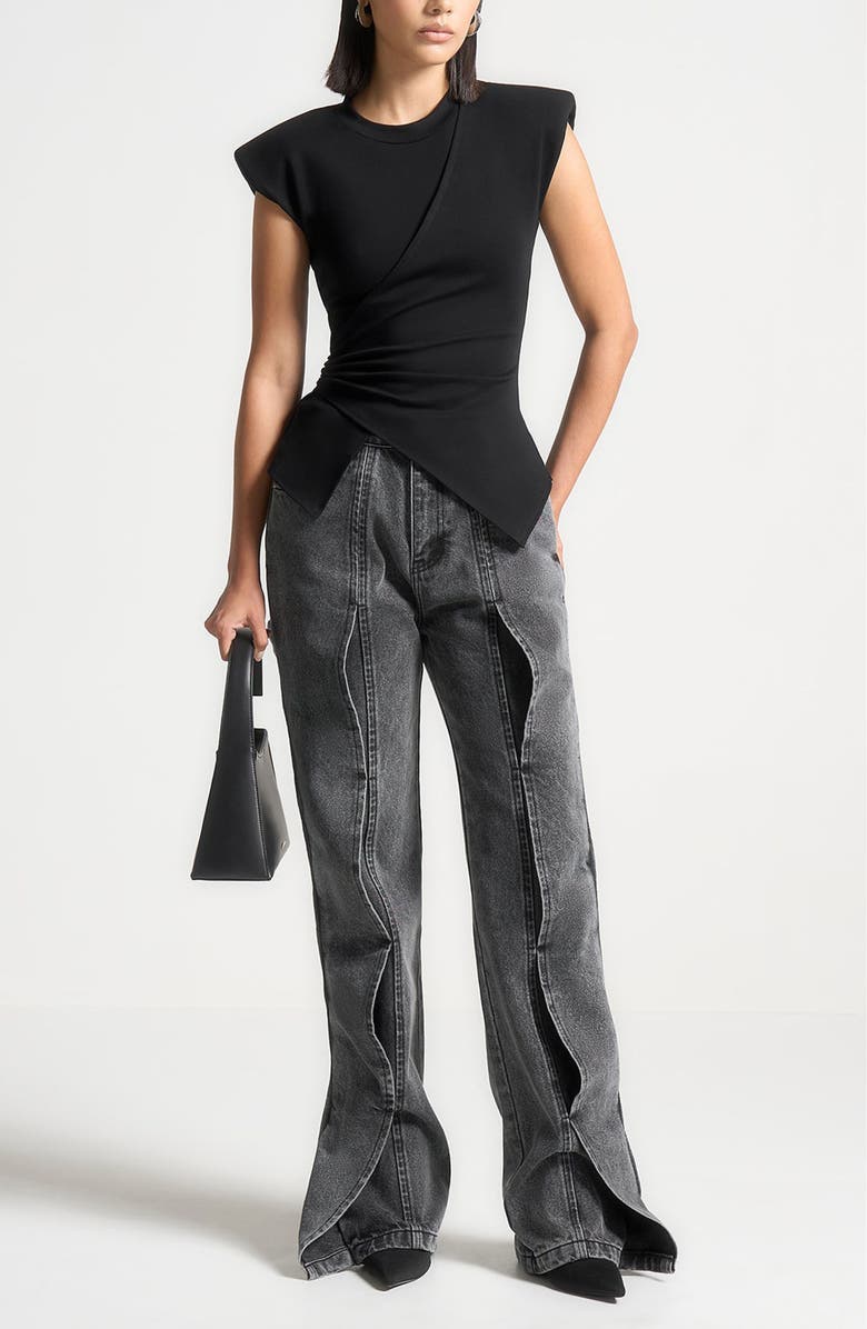 Manière De Voir Wide Shoulder Ruched Waist Top, Alternate, color, Black