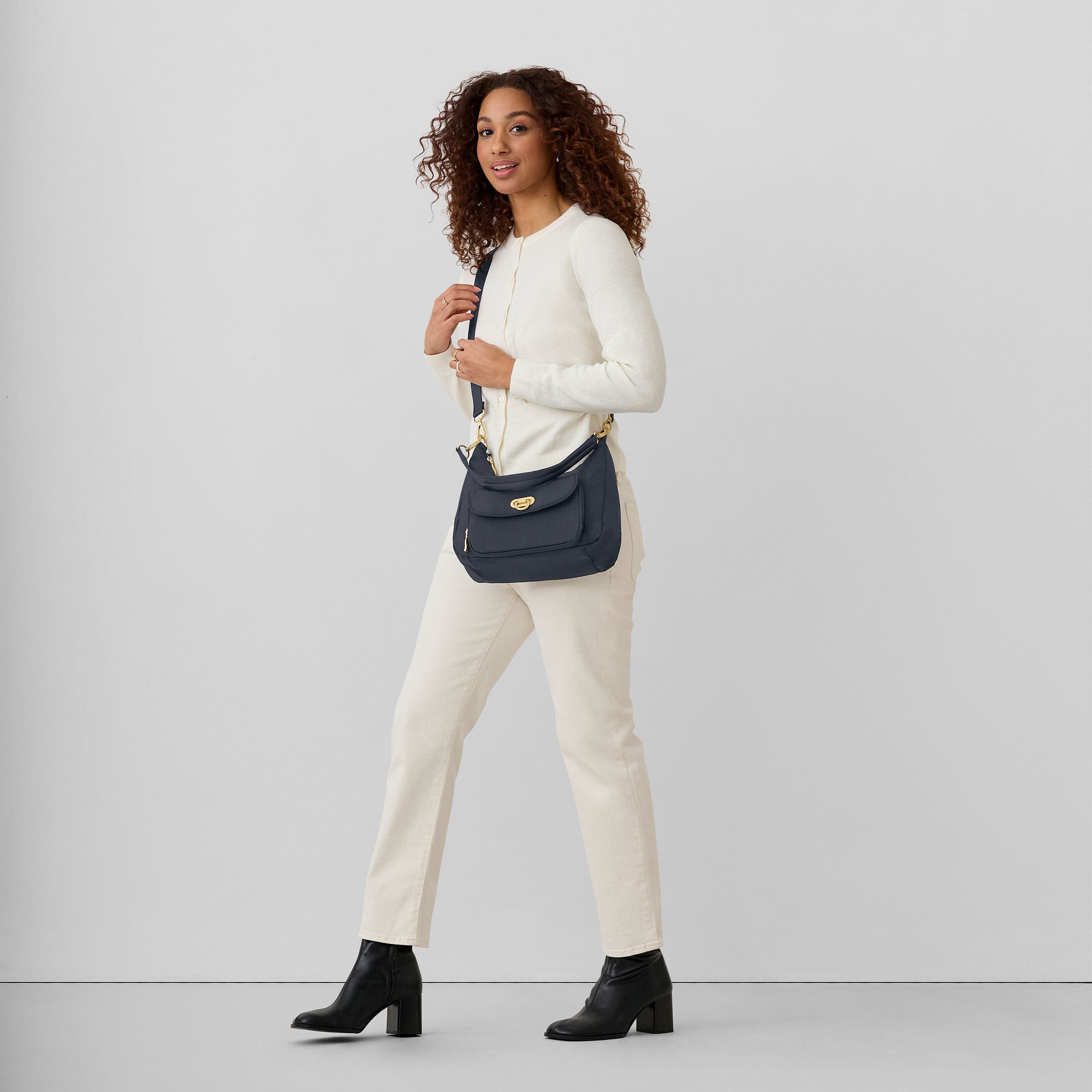 Coastal Flip Lock Half Moon Bag, Alternate, color, French Navy W/ Gold Hardware