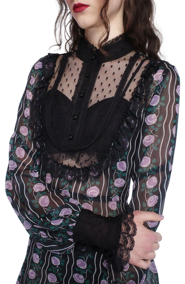 Anna Sui Rosetti Chiffon Victorian Bib Dress, Alternate, color, Black/Lilac Multi