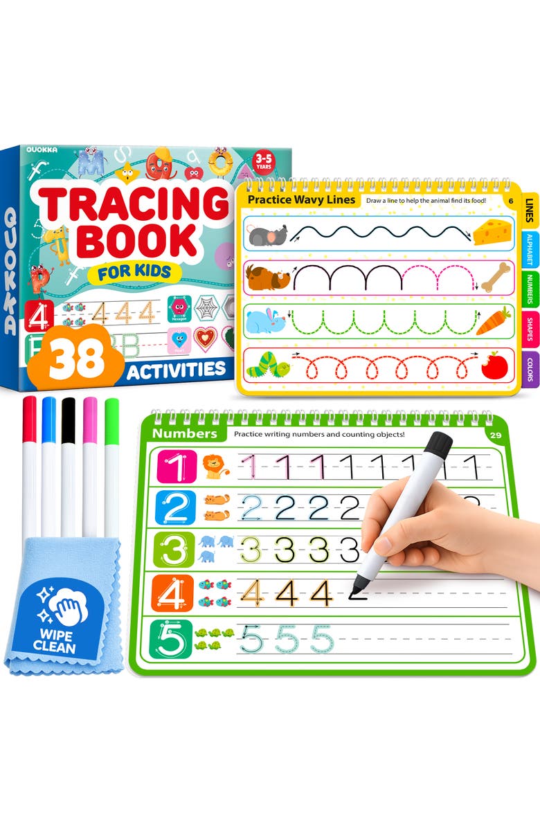 Quokka Kids Tracing Activity Books Set with Dry-Erase Pages and Markers, Main, color, White