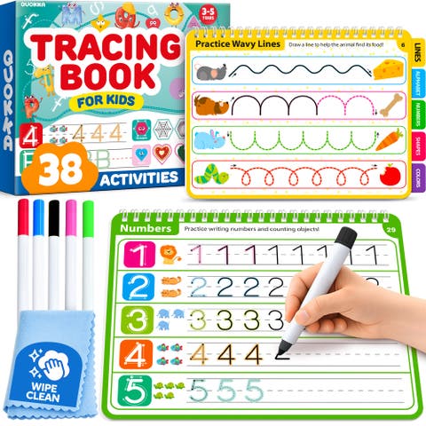 Kids Tracing Activity Books Set with Dry-Erase Pages and Markers