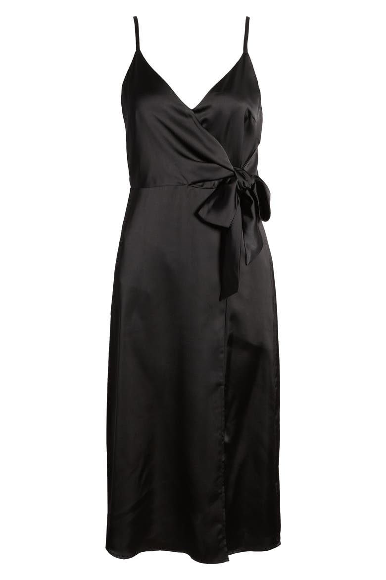 Side Tie Satin Dress, Alternate, color, BLACK