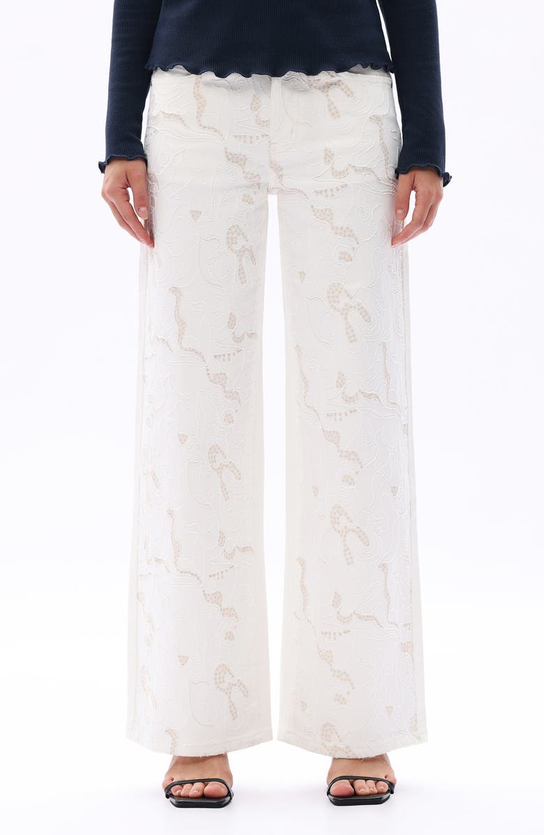 Bayeas Lace Inset Embroidered Wide Leg Jeans, Main, color, White