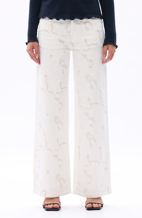 Lace Inset Embroidered Wide Leg Jeans