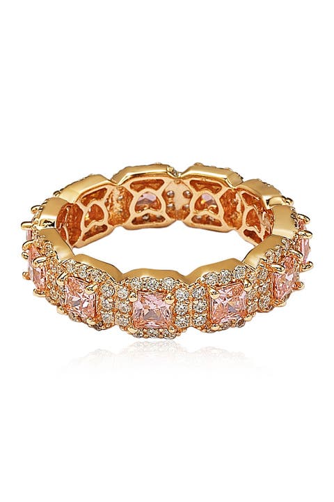 Rose-Tone Sterling Silver Asscher Cut Pink CZ Band Ring