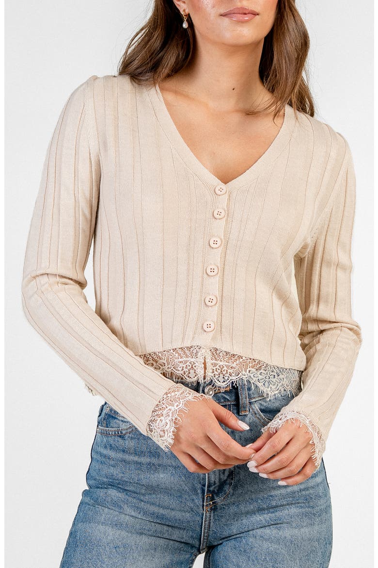 Lace Trim Ribbed Cardigan, Alternate, color, NATURAL