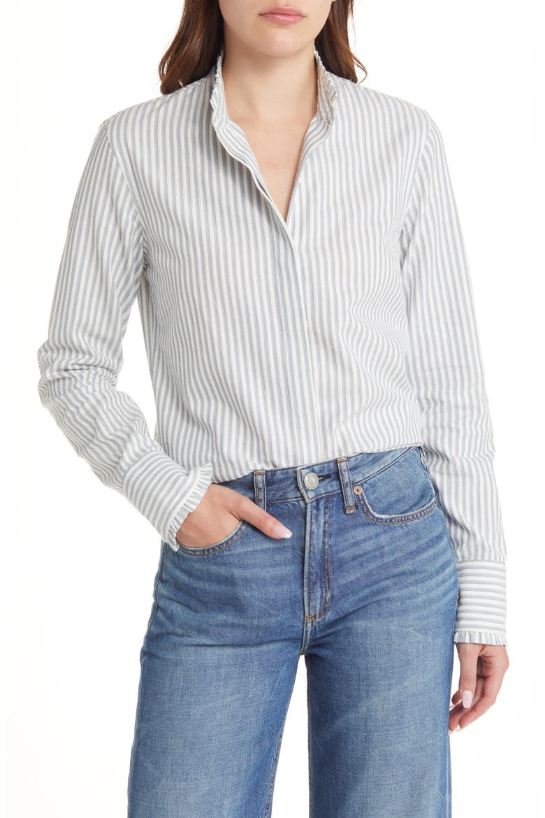 Jordan Stripe Ruffle Cotton Button-Up Shirt, Main, color, BLUE STRIPE