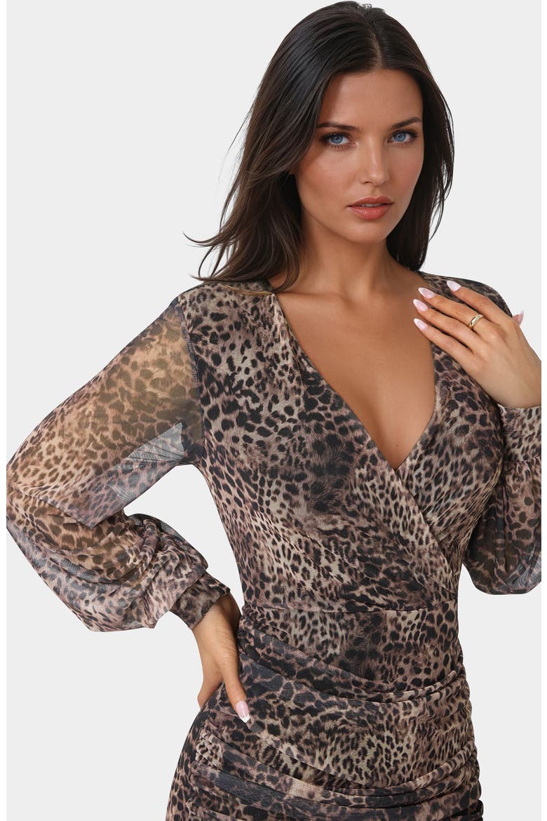 Long Sleeve Ruched Faux Wrap Minidress, Alternate, color, LEOPARD