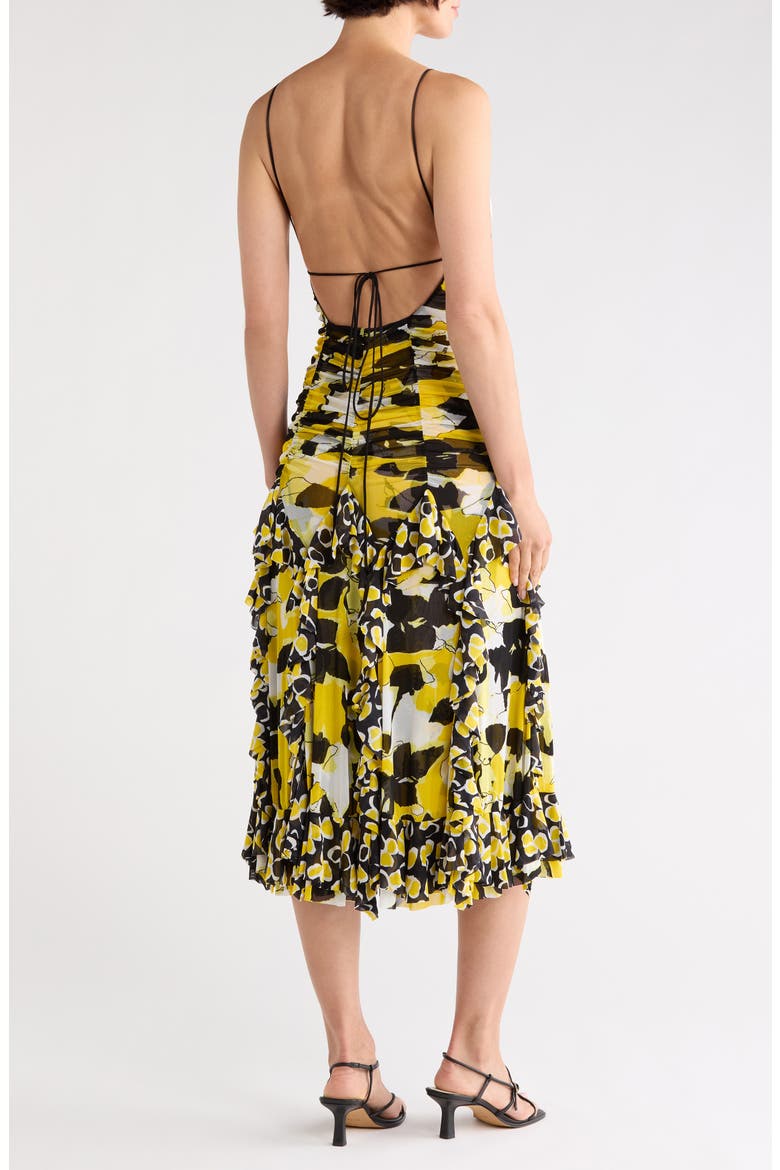 Portia Ruched Mesh Ruffle Cocktail Dress, Alternate, color, EGONS FLORAL YELLOW