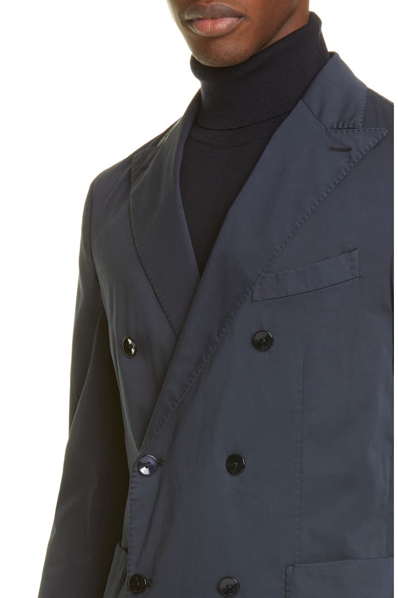 Trim Fit Double Breasted Solid Stretch Cotton Sport Coat, Alternate, color, NAVY