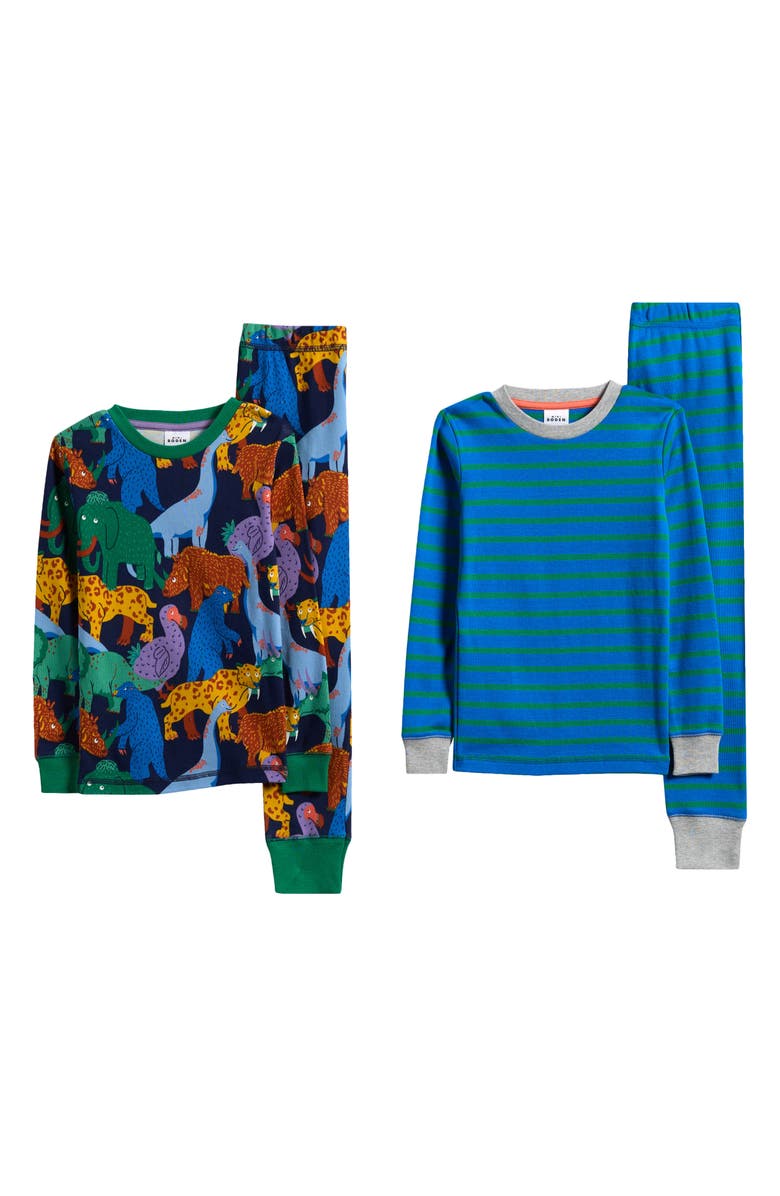 Mini Boden Kids' Assorted 2-Pack Fitted Two Piece Pajamas, Main, color, Prehistoric Animals And Stripe