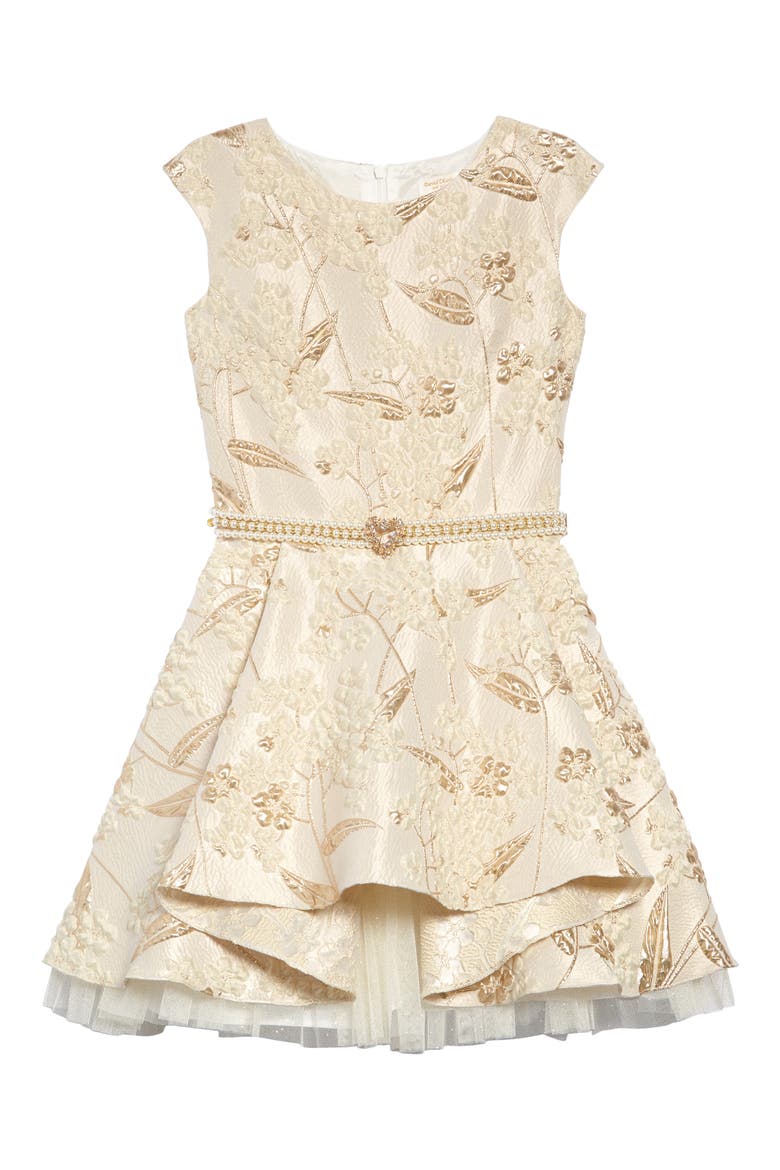 Brocade & Imitation Pearl Belted Fit & Flare Dress, Main, color, IVORY