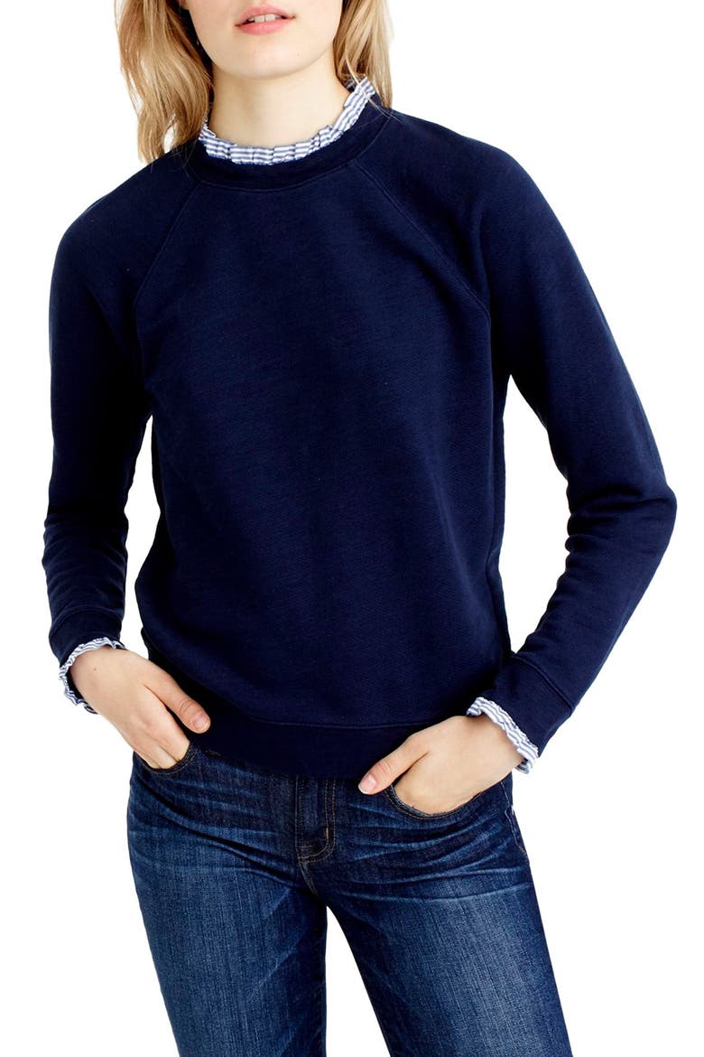 J.Crew Ruffle Trim Sweatshirt, Main, color, NAVY/ SHIRTING STRIPE