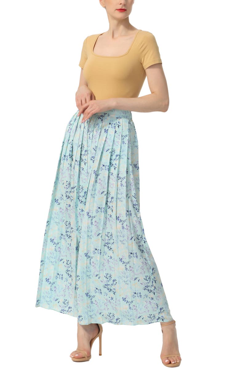 Kimi & Kai Women's Print Box Pleat Maxi Skirt, Alternate, color, Pastel Turquoise