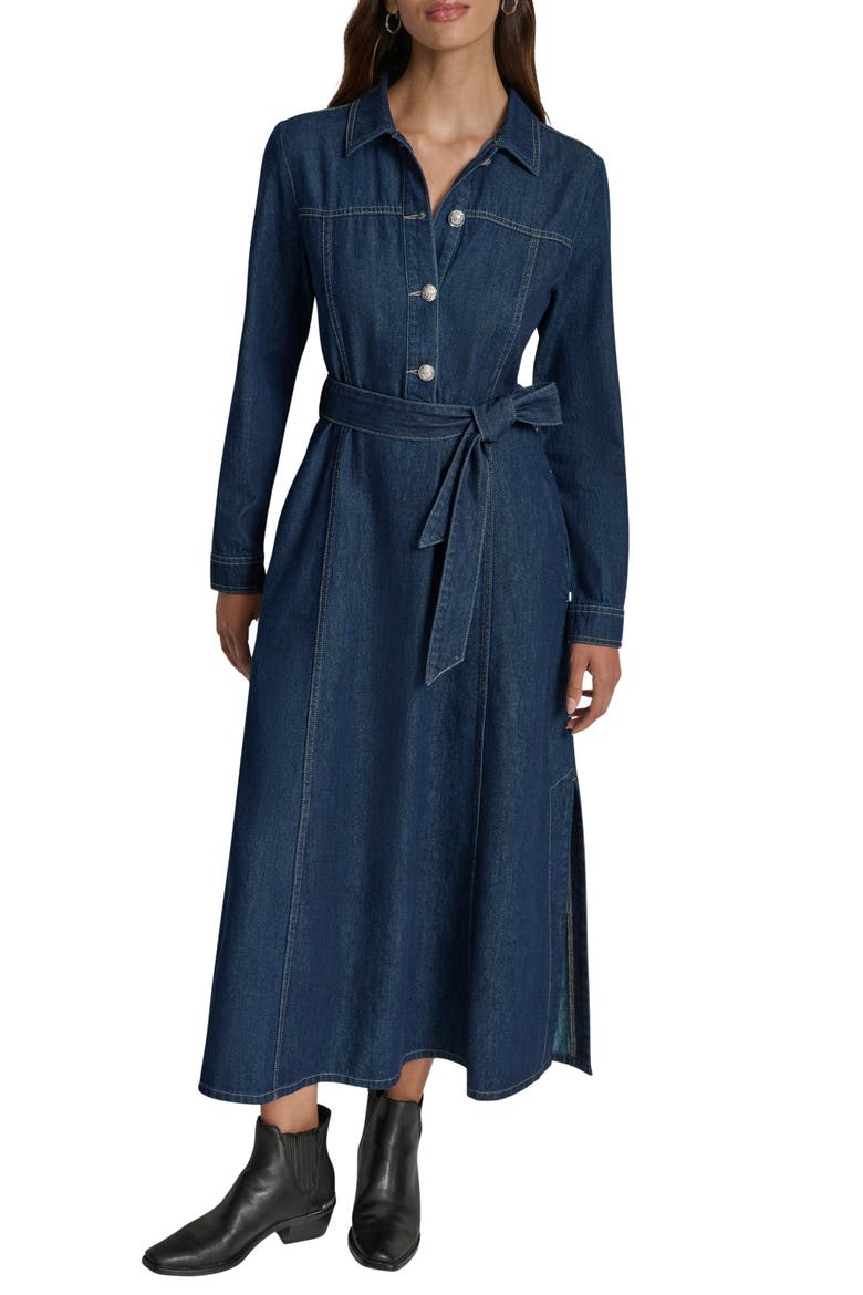 Self Belt Denim Maxi Shirtdress, Main, color, CARMINE WA