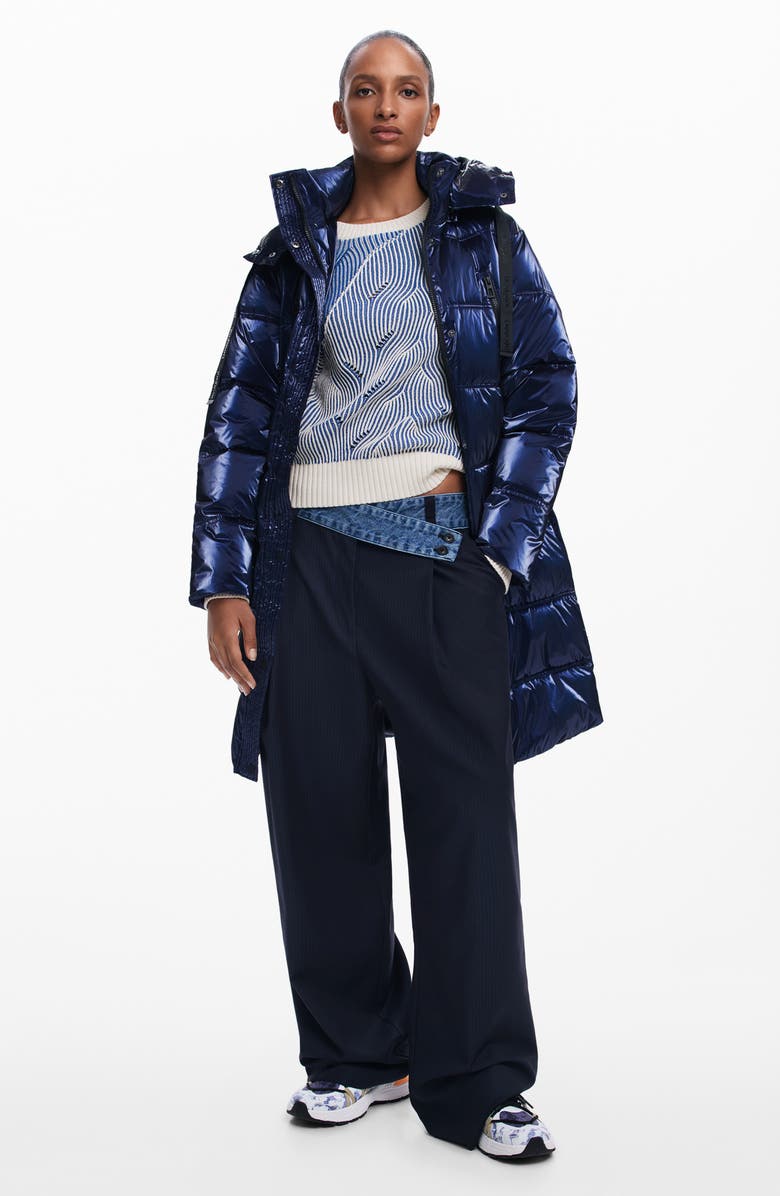 Desigual Iridescent Puffer Longline Hooded Coat, Alternate, color, Blue