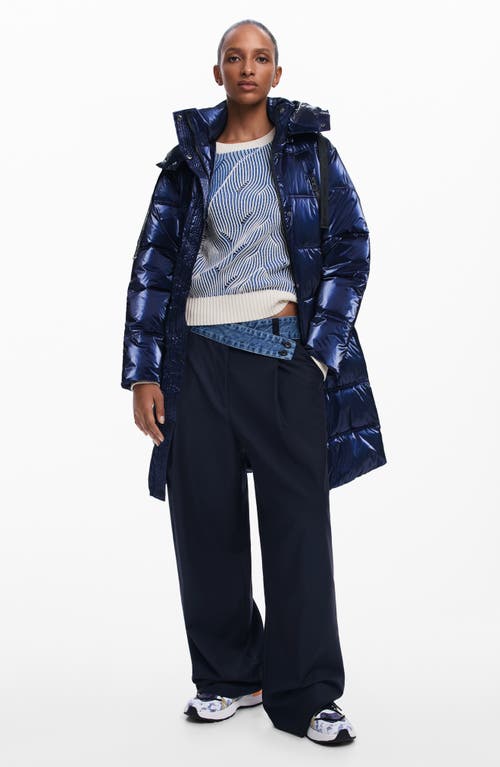 Desigual Long Iridescent Padded Coat In Blue