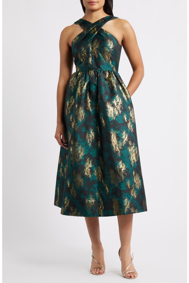 Metallic Crossover Neck Brocade Dress, Main, color, MIDNIGHT PINE MULTI