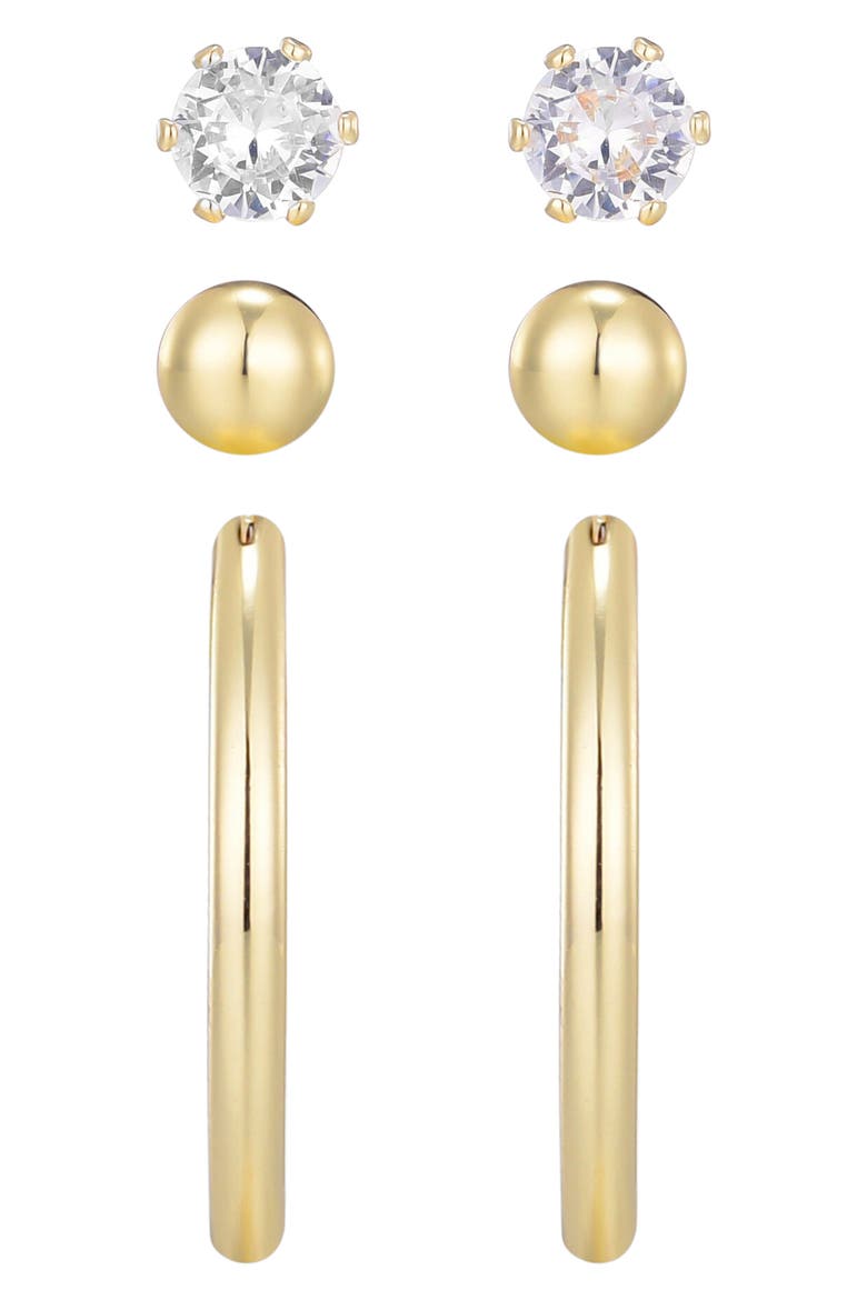Set of 3 Stud & Hoop Earrings, Alternate, color, GOLD