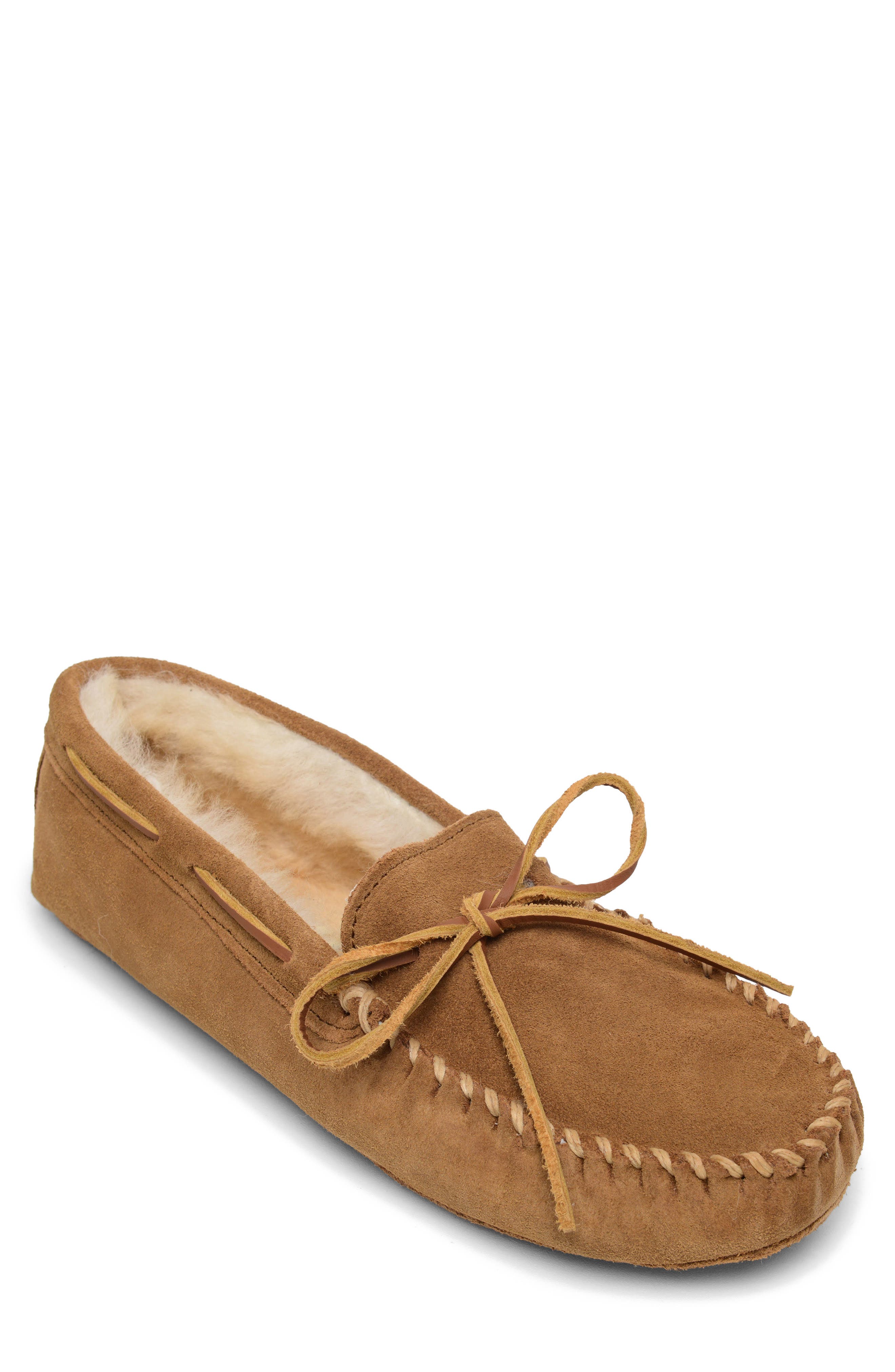Minnetonka Genuine Sheepskin Lined Soft Sole Slipper, Main, color, Tan