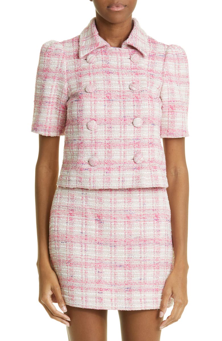 Lisa Marie Fernandez Double Breasted Puff Sleeve Tweed Blazer, Main, color, Pink Tweed