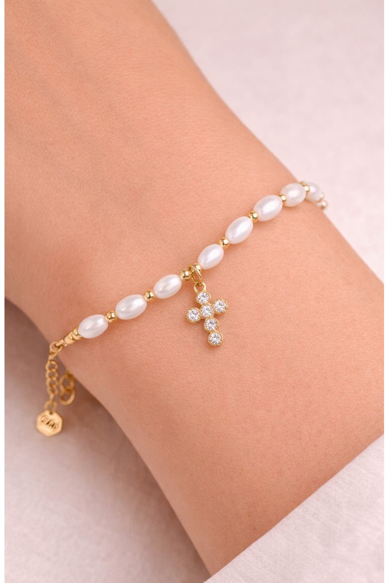 Freshwater Pearl & Cross Bracelet, Alternate, color, WHITE / GOLD