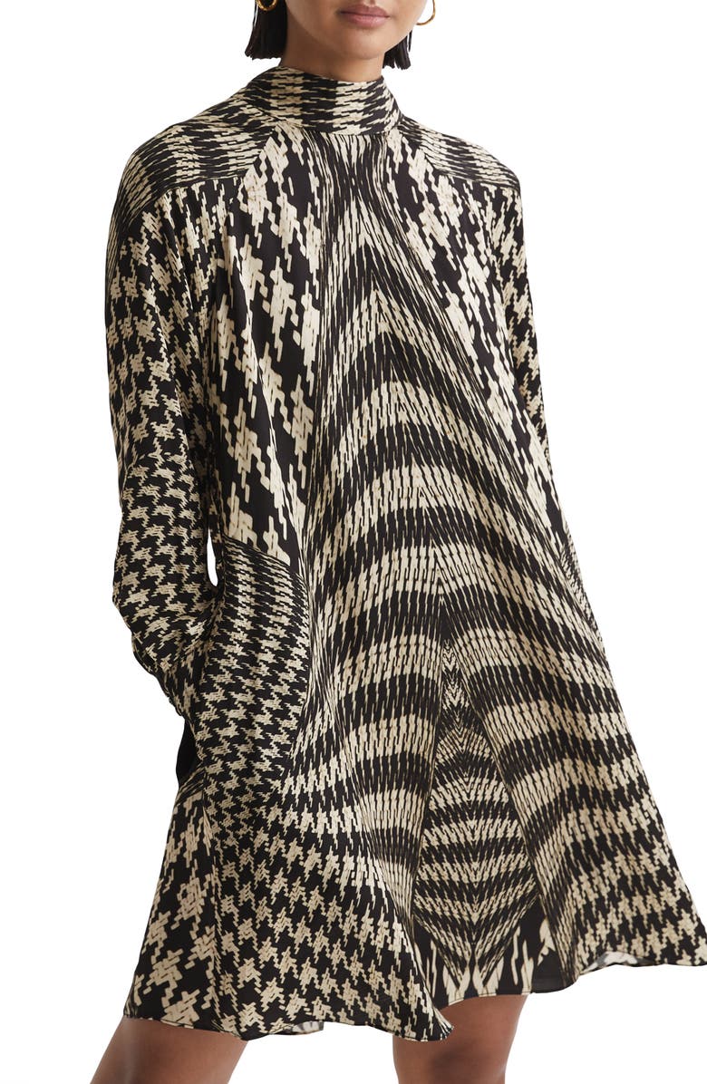 Reiss Ester Mixed Houndstooth Plaid Long Sleeve Swing Dress, Alternate, color, Black White