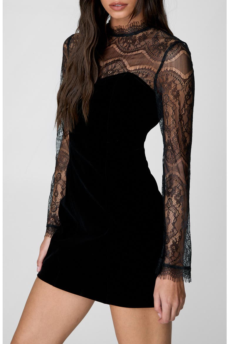 Long Sleeve Velvet & Lace Minidress, Alternate, color, BLACK