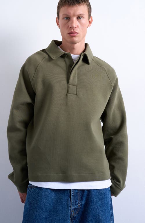 Topman Raglan Sleeve Boxy Cotton Blend Polo Sweatshirt In Green