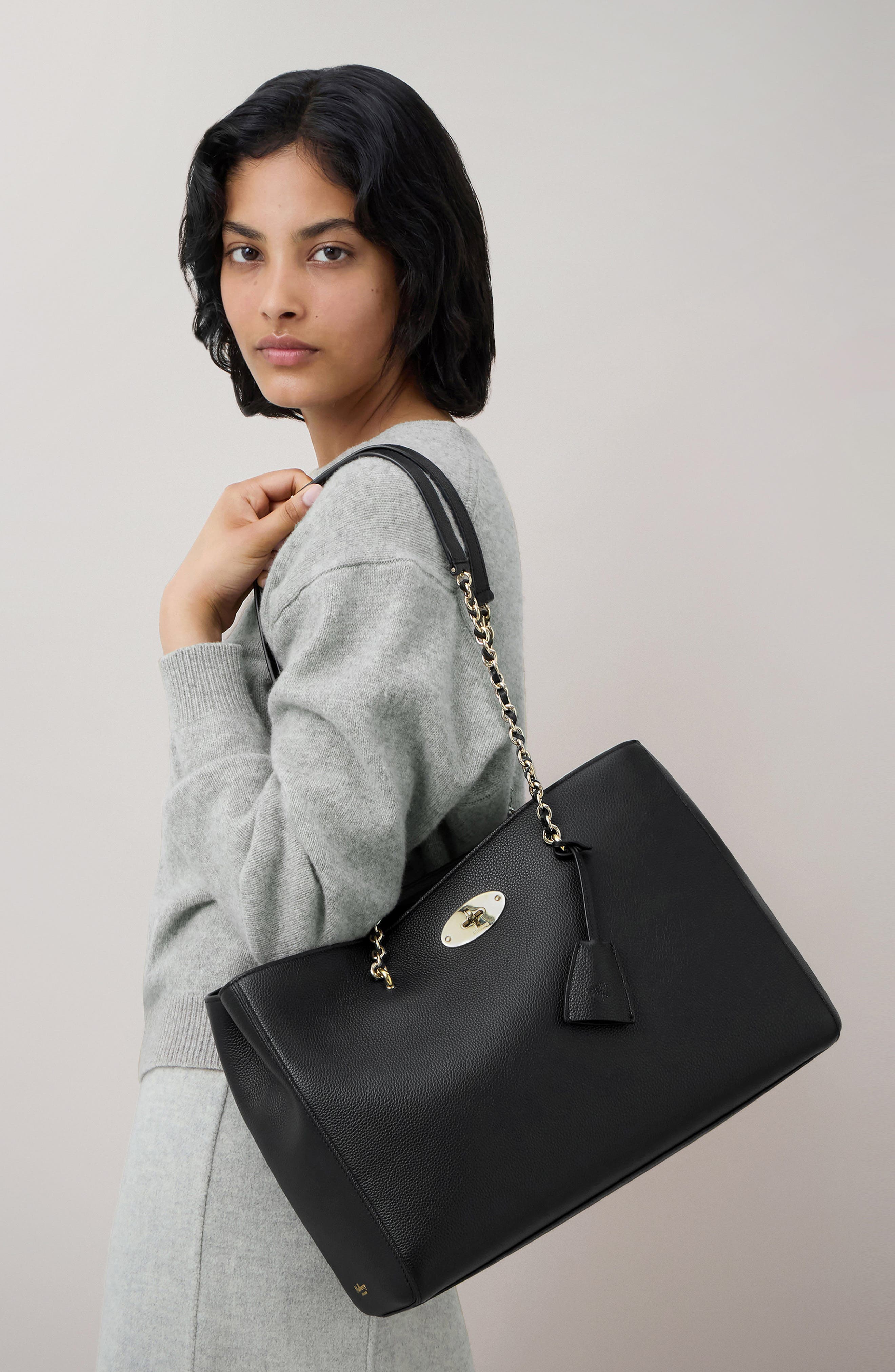 Mulberry Lily Chain Leather Tote, Alternate, color, Black
