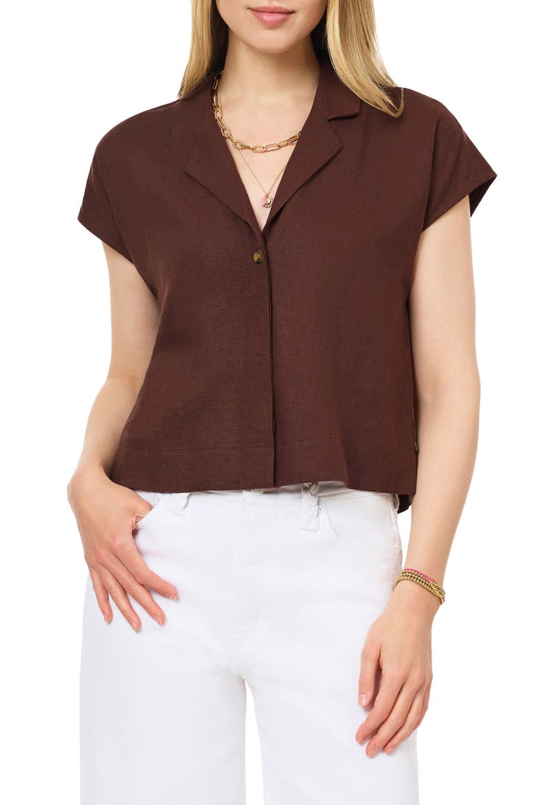 Short Sleeve Linen Blend Button-Up Top, Main, color, PUCE