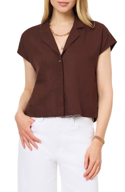 Short Sleeve Linen Blend Button-Up Top