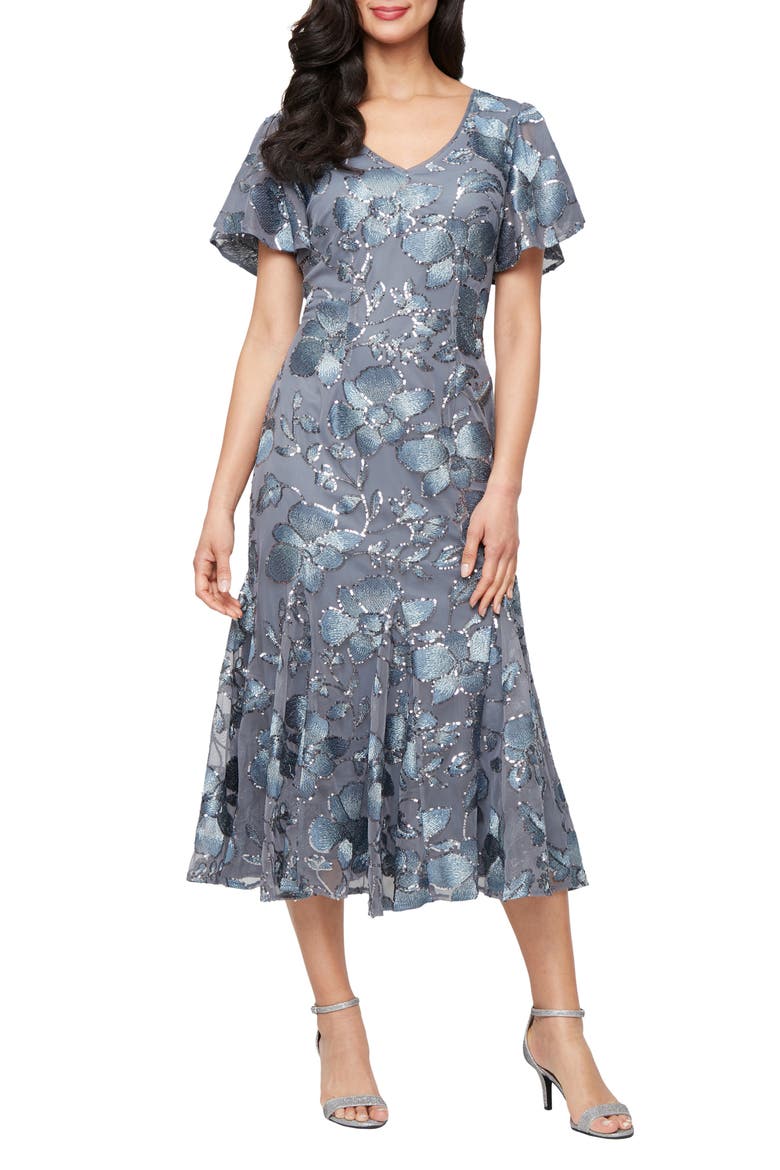 Sequin Embroidered Floral Cocktail Dress, Main, color, STEEL