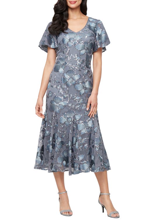 Alex Evenings Sequin Embroidered Floral Cocktail Dress In Blue