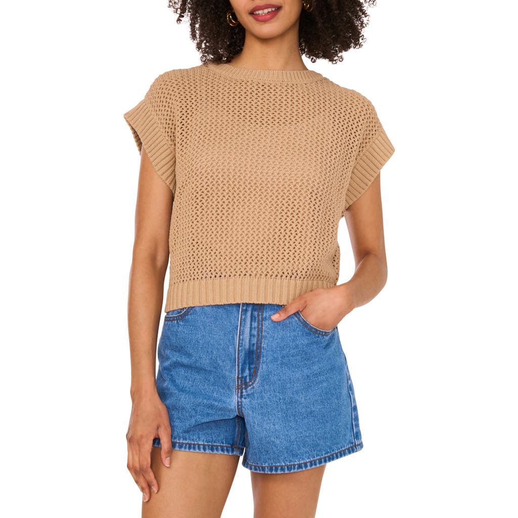 Vince Camuto Open Stitch Short Sleeve Cotton Sweater In Neutral