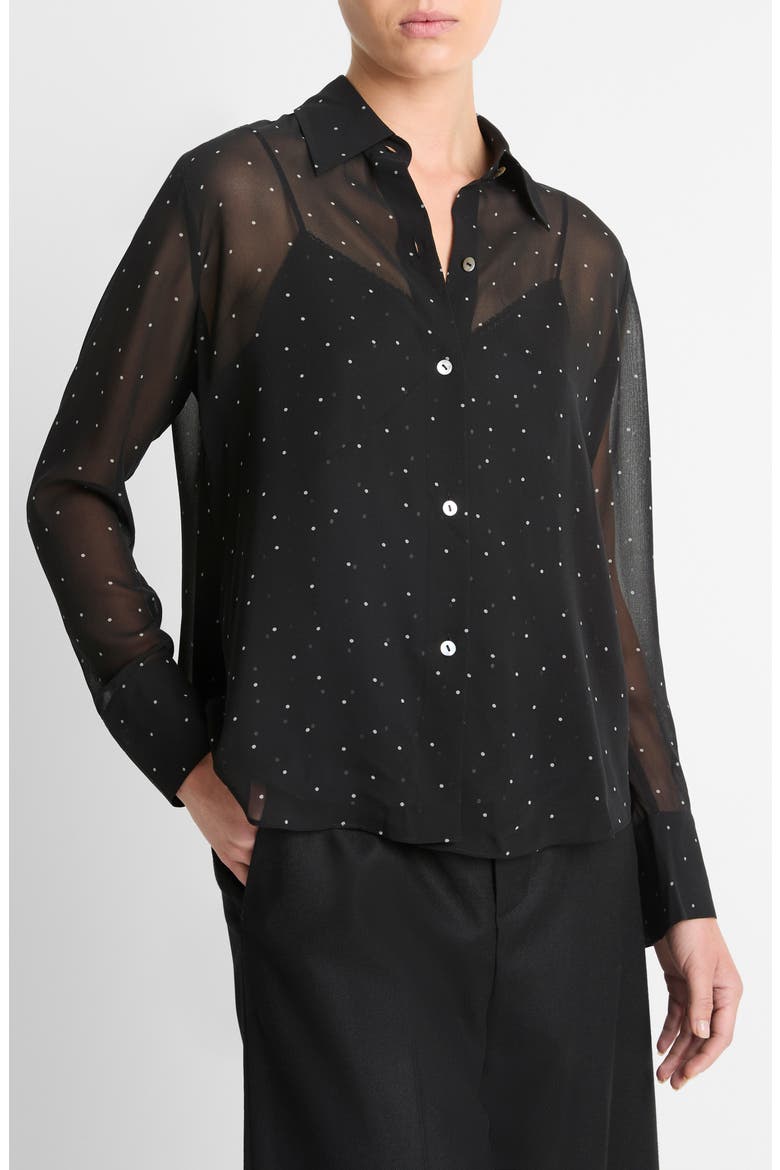 Pin Dot Sheer Silk Button-Up Shirt & Lace Trim Camisole, Alternate, color, BLACK/GREY