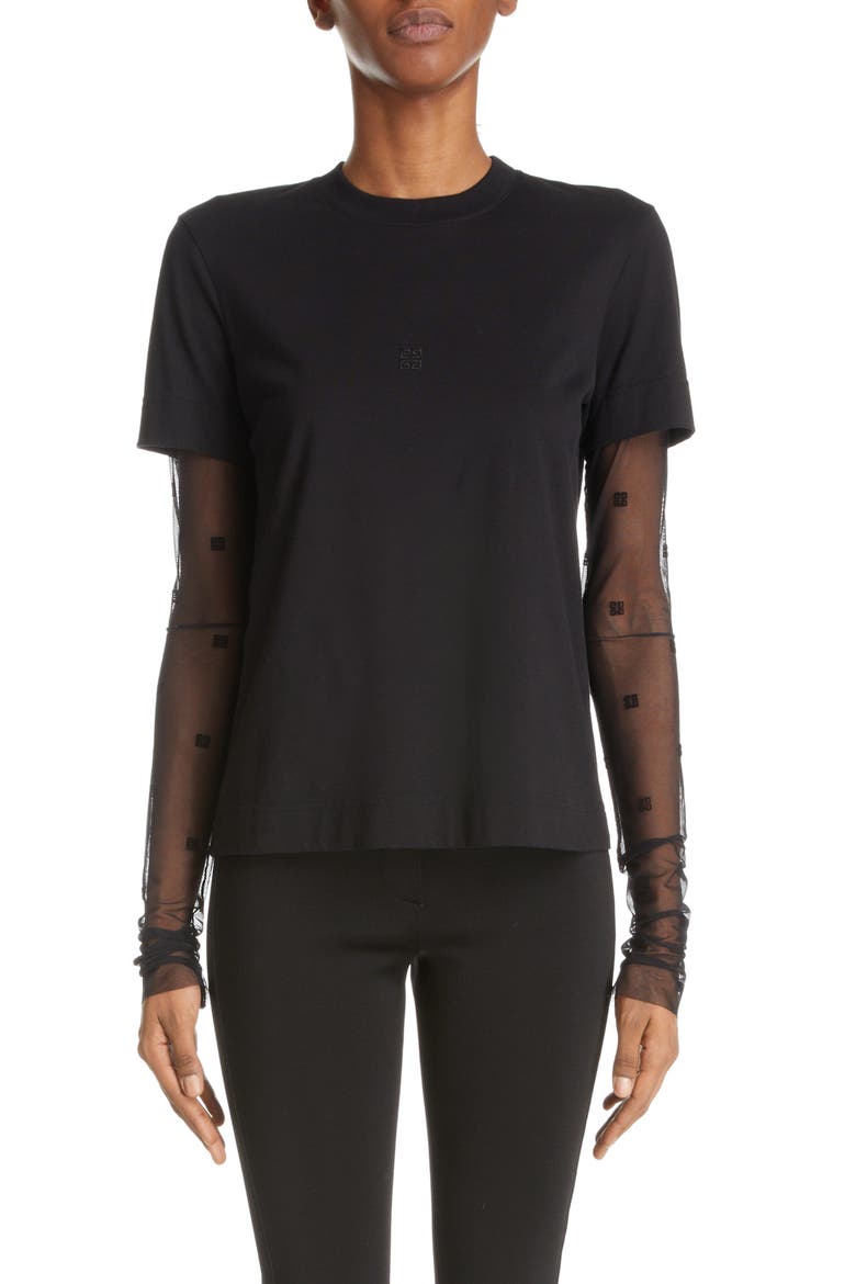 4G Tulle Sleeve Cotton T-Shirt, Main, color, BLACK